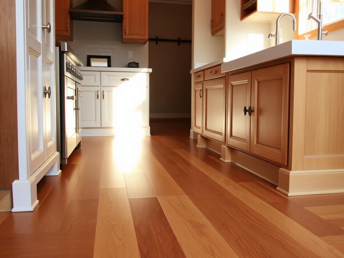 New wide-plank hardwood flooring meeting custom cabinetry