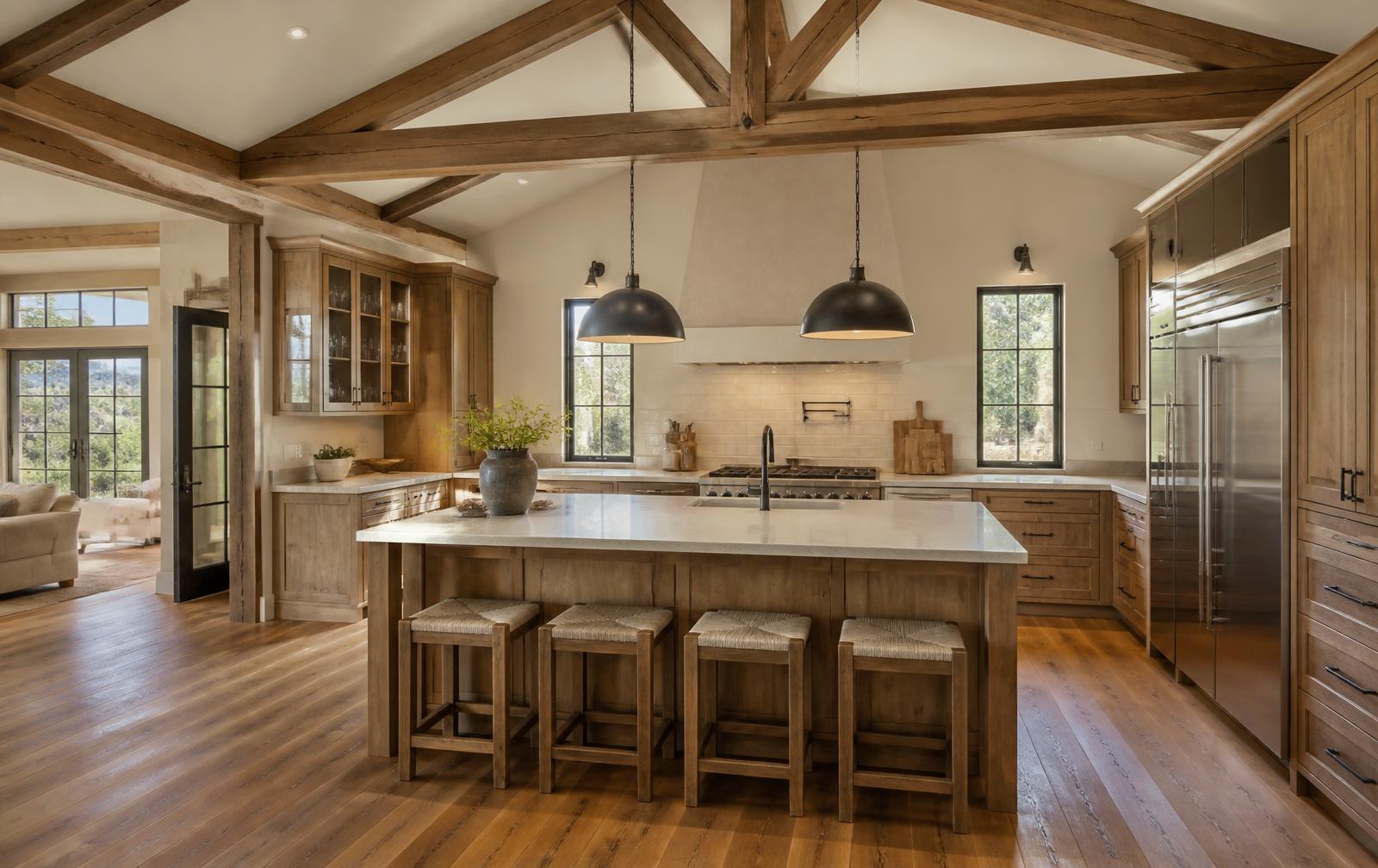 Renovated kitchen with open beam ceiling and new hardwood flooring