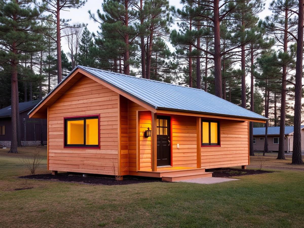 Small accessory dwelling unit with wood siding among pines