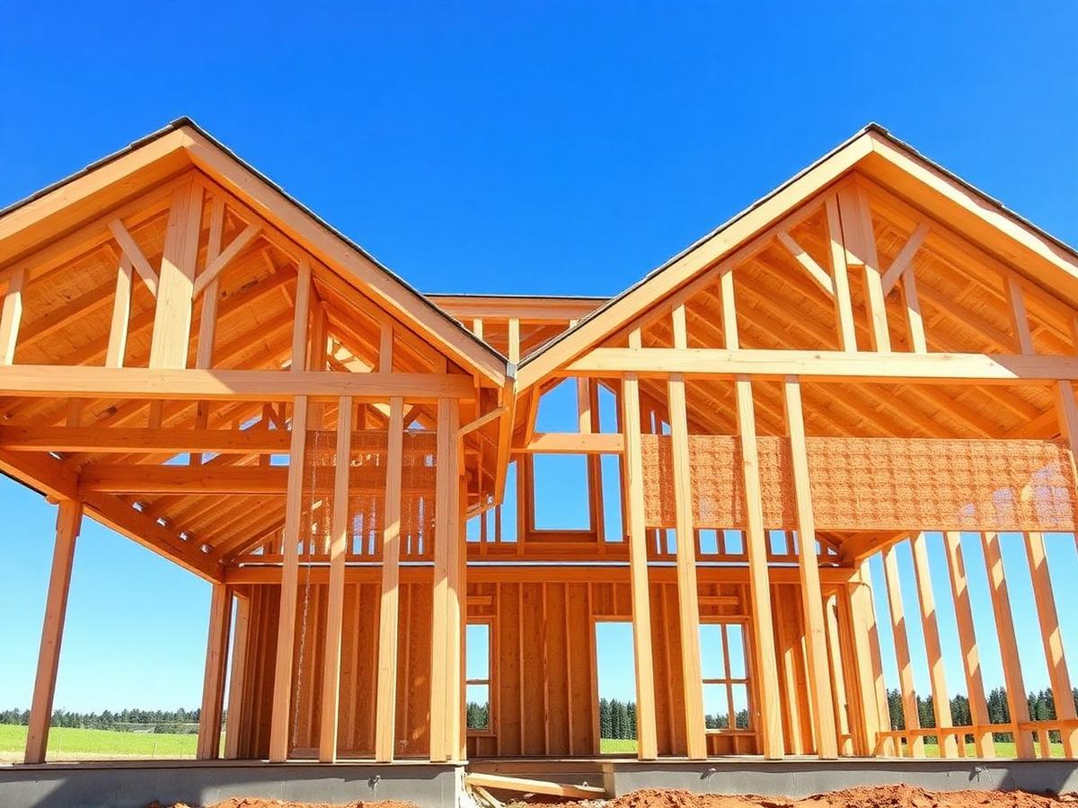 Newly framed custom home against a clear sky